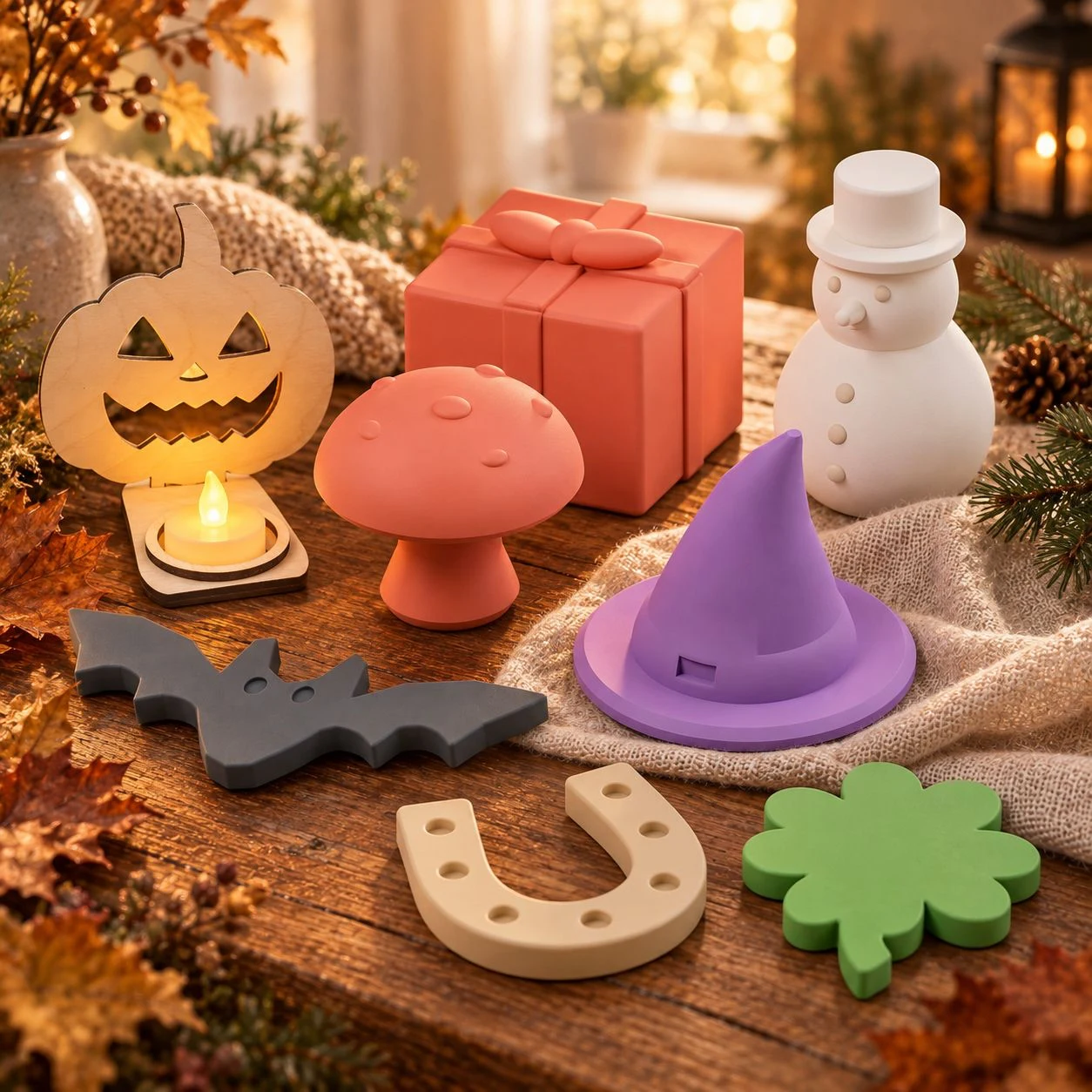 CharmWerk-Designs für jede Jahreszeit: Kürbislicht, Pilz, Geschenk, Schneemann, Fledermaus, Hexenhut, Hufeisen und Kleeblatt