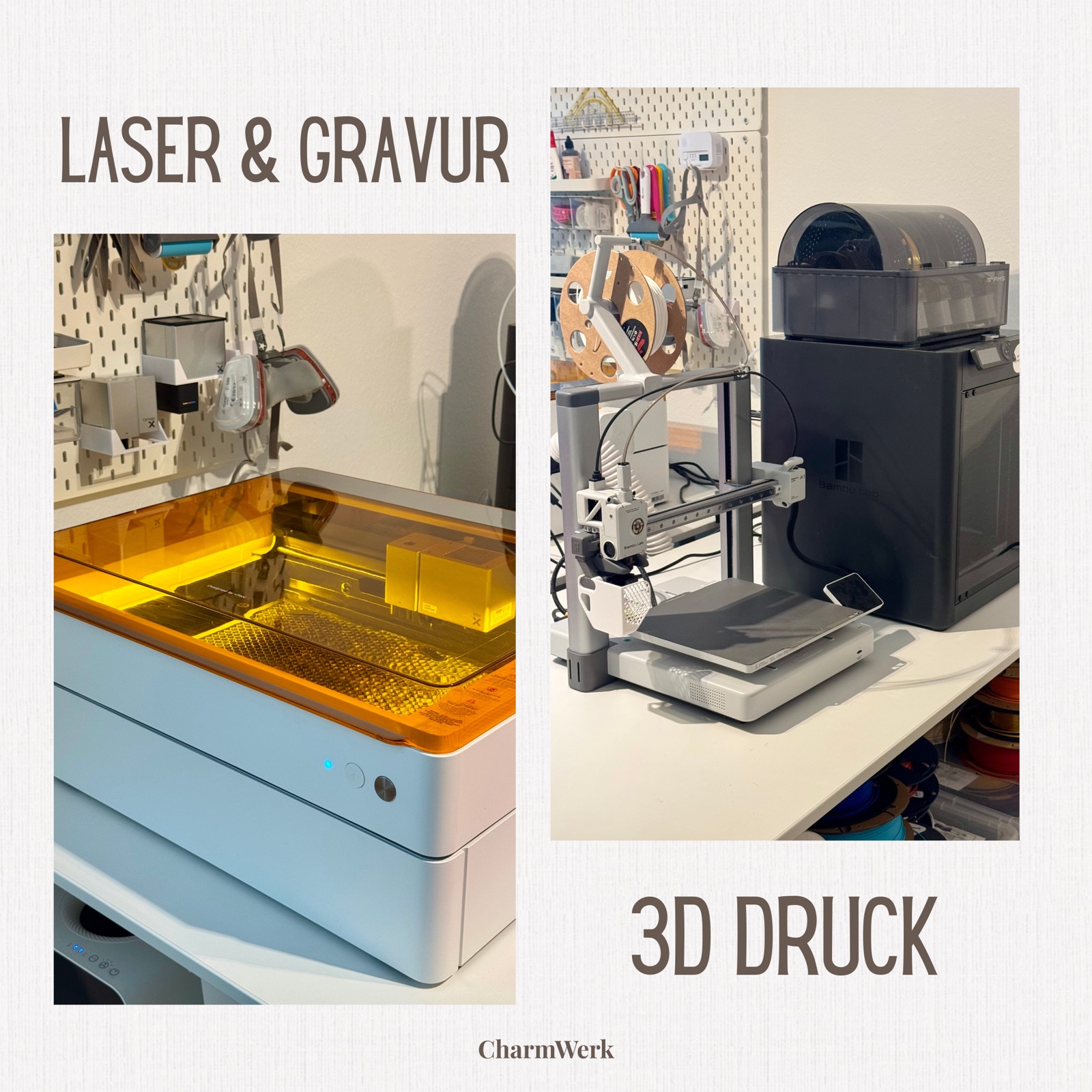 Unser Laser für Gravuren und unsere 3D-Drucker in der CharmWerk-Werkstatt