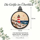 Maße je Anhänger: 9,2 cm Höhe, 7,5 cm Breite, 3 mm Sperrholz mit UV-Druck und PLA-Rahmen