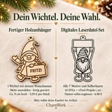 Vergleich der Kaufarten: ein Holz-Wichtel mit Wunschgravur für 5,95 Euro oder digitales Komplettset mit sieben Motiven für 6,90 Euro.