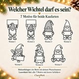 Nummerierte Übersicht der sieben Wichtelmotive für fertige Holzanhänger und digitale Laserdateien.