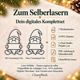 Digitaler Lieferumfang: sieben Motive, 14 SVGs, xTool-Projekt, PDF-Anleitung, Motivübersicht und Lizenz. Varianten mit und ohne Umrandung und Öse.