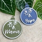 Personalisierte PLA-Kugeln Mama und Papa in Grün und Blau auf hellem Stoff.