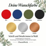 Farbübersicht mit den sieben verfügbaren Farben Rot, Marine-Blau, Olive-Grün, Schwarz, Gold, Silber und Kupfer.