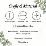 Infografik mit Maßen der Kugel: Höhe 10,3 cm, Breite 8,2 cm und Stärke 0,5 cm aus PLA.