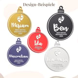 Fünf runde Design-Beispiele der Christbaumkugel in Gold, Schwarz, Blau, Rot und Silber mit verschiedenen Namen.