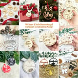 Collage aus mehreren Bildern mit personalisierten Christbaumkugeln und Geschenkverpackungen.