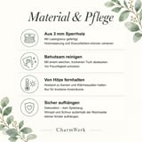 Eine Infografik mit dem Titel Material und Pflege listet vier Punkte zu Sperrholz, Reinigung, Hitze und Aufhängung auf.