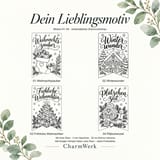 Eine Übersicht zeigt vier schematische Gravurvorschläge für Wimpel mit den Motiven Weihnachtszauber, Winterwunder, Fröhliche Weihnachten und Plätzchenzeit.
