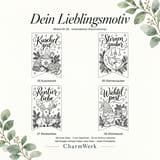 Eine Übersicht zeigt vier schematische Gravurvorschläge für Wimpel mit den Motiven Kuschelzeit, Sternenzauber, Rentierliebe und Wichtelpost.