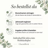 Bestellhinweise zur Eingabe von Wunschname und Jahreszahl für die Baby-Holzkugel.