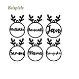 Sechs schwarze Vorlagen für personalisierte Christbaumkugeln mit Rentiergeweih und den Namen Mathilda, Hannah, Jan, Simon, Mama und Franziska auf weißem Grund.