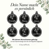 Namensbeispiele für die personalisierte Kugel mit Sternmotiv.