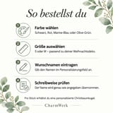 Bestellschritte: Farbe und Größe wählen, Wunschname eintragen und Schreibweise prüfen.