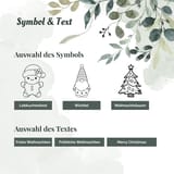 Übersicht der Motive Lebkuchenkind, Wichtel und Weihnachtsbaum sowie der drei Schriftzüge.