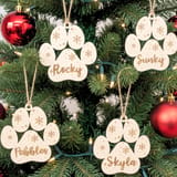 Könnte beinhalten: Vier helle, pfotenförmige Holzanhänger, die an einer Schnur hängen. Jeder Anhänger ist mit eingravierten Schneeflockenmustern und einem individuellen Namen in Schreibschrift versehen: Rocky, Sunky, Pebbles und Skyla, platziert an Tannenzweigen.