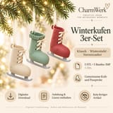 Infografik zum Winterkufen-Dreierset mit weißen, grünen und roten Schlittschuh-Anhängern