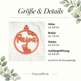 Infografik zu Größe und Details der Weihnachtskugel mit Stiefelmotiv