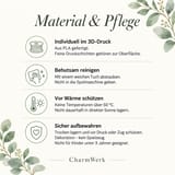 Infografik zu Material und Pflege der Weihnachtskugel mit Stiefelmotiv