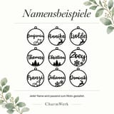 Schwarze Motivübersicht mit verschiedenen Namensbeispielen für Weihnachtskugeln