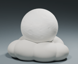 Digitale Visualisierung: Mond mit Kratern und Mondmeeren auf einer weichen Wolke, Modellstand r06.