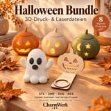 Halloween-Bundle mit 8 digitalen Produkten: Motivauswahl mit drei Kürbis-LED-Windlichtern, weißem Spukgeist und Holz-Teelichthalter mit Kürbismotiv; STL, 3MF, SVG und XCS.