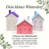 CharmWerk-Infokarte: drei Winterhäuser und digitaler Lieferumfang mit sechs STL-Dateien und sechs Bambu-Studio-Projekten