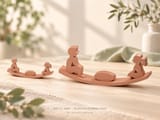 Zwei terrakottafarbene, geschwungene Wippen-Figuren mit stilisierten menschlichen Silhouetten. Das größere Set enthält zwei Figuren und eine ovale Form in der Mitte, während das kleinere Set dieses Design spiegelt. Text: STL + 3MF DIGITALDOWNLOAD.