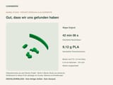 Eine digitale 3D-Druckprojektvorschau für ein grünes Kunststoffbauteil mit dem Titel Wippe Original. Der Bildschirm zeigt technische Daten wie 42 Min 06 Sek Druckzeit, 9,12 g PLA-Verbrauch sowie Einstellungen für den Bambu Lab P1S Drucker an.