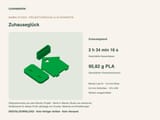 Eine digitale Vorschau für ein 3D-Druckprojekt namens Zuhauseglueck. Die Grafik zeigt ein grünes hausförmiges Objekt mit Herzausschnitt, eine rechteckige Basis und einen kleinen Block. Der Text enthält 2 h 34 min 16 s Druckzeit und 95,82 g PLA.