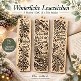 Drei winterliche Lesezeichen mit Lesesprüchen in einer winterlichen Buchszene – digitales Dateiset, KI-Visualisierung.