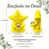 KI-bearbeitete Infokarte mit Vorder- und Seitenansicht der Tanzfunke-Sternfigur: ca. 14,7 cm hoch, 13,7 cm breit und 8,7 cm tief. Für separate Mini-Discokugel Ø 3 cm; Kugel nicht enthalten. Digitaler Download.