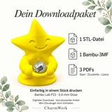 KI-bearbeitete Infokarte zum Tanzfunke-Downloadpaket: 1 STL-Datei, 1 Bambu-3MF und 3 PDFs mit Start-, Druck- und Lizenzinformationen. Kein physischer Artikel; Mini-Discokugel nicht enthalten.