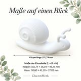 Infobild „Maße auf einen Blick“ mit weißer Leuchtschnecke, Maßpfeil für 101,74 mm Körperlänge und den Einzelteilmaßen von Körper und Haus auf cremeweißem Hintergrund mit Eukalyptus.