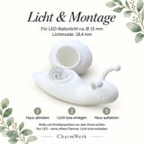 Infobild „Licht & Montage“ mit geöffneter weißer Leuchtschnecke und LED-Ballonlicht, ca. 15 mm Lichtdurchmesser, 18,4 mm Lichtmulde und drei Montageschritten.