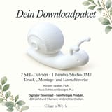 Infobild „Dein Downloadpaket“ mit weißer Leuchtschnecke und Angaben zu 2 STL-Dateien, 1 Bambu-Studio-3MF, Druck-, Montage- und Lizenzhinweisen sowie PLA-Materialien.