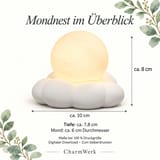 Infokarte Mondnest im Überblick: leuchtender Vollmond auf weißer Wolke mit Maßen ca. 10 cm Breite, 8 cm Höhe und 7,8 cm Tiefe.