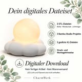 Infokarte zum digitalen Mondnest-Dateiset mit 3 STL-Dateien, 3 Bambu-Studio-Projekten, 3 geslicten A1-Dateien und Druck- und Montagehinweisen.