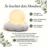 Infokarte zur LED-Montage des Mondnests in drei Schritten, mit 25-mm-Lichtmulde und Hinweisen zur ausschließlichen Verwendung eines batteriebetriebenen LED-Lichts.