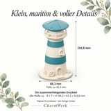 Infokarte mit weiß-blauem Leuchtturm-Fotohalter und Maßpfeilen: ca. 66,3 mm breit, 62,3 mm tief und 114,8 mm hoch