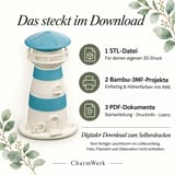 Downloadumfang des Leuchtturm-Fotohalters: 1 STL-Datei, 2 Bambu-3MF-Projekte und 3 PDF-Dokumente zum Selberdrucken