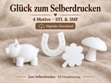 Vier weiße Glücksbringer mit Hinweis auf den digitalen Download