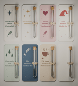 Übersicht der acht Reagenzglas-Geschenkkarten mit eingesetzten Gläsern