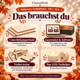Infografik zu Material und LED-Nutzung der Halloween-Teelichthalter