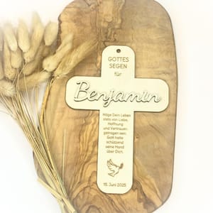 Personalisiertes Kreuz mit Name und Spruch – Taufe, Kommunion, Konfirmation, Firmung – Geschenk Holz Segenskreuz Taufkreuz