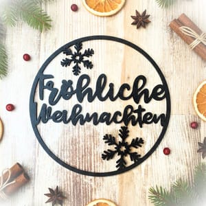 Türkranz Fröhliche Weihnachten Türschild, Wanddeko modern, Weihnachtskranz schwarz rund mit Schneeflocken, Weihnachtsdekoration