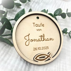 Personalisierte Holzschild Taufe mit Name und Datum – Erinnerungsstück Ichthys Fisch – Geschenkidee für Paten & Familie