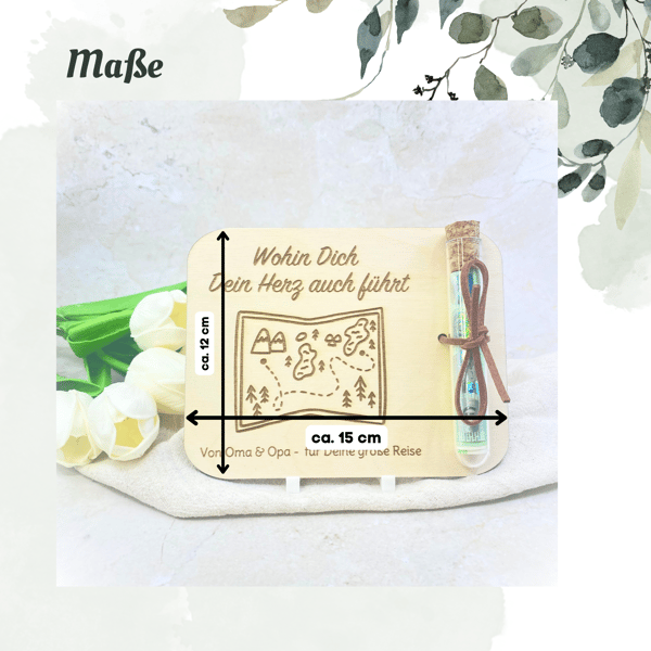 Geldgeschenk Reise aus Holz – personalisierte Karte mit Gravur & Reagenzglas zur Weltreise, Schulabschluss oder Studienbeginn