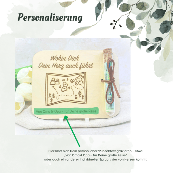 Geldgeschenk Reise aus Holz – personalisierte Karte mit Gravur & Reagenzglas zur Weltreise, Schulabschluss oder Studienbeginn