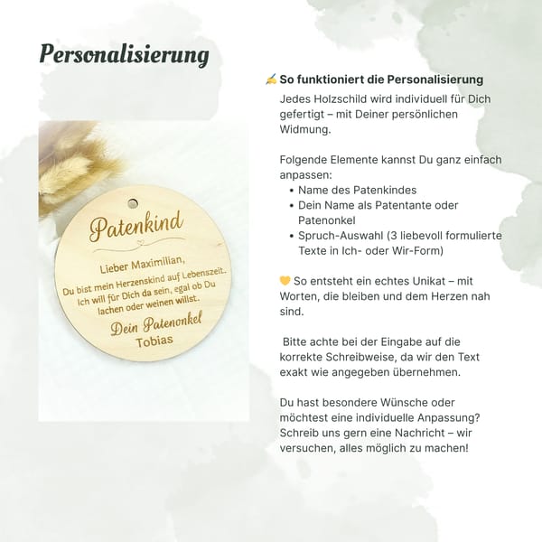 Personalisiertes Taufgeschenk Patenkind – Holzschild mit Gravur – Geschenk Patenonkel Patentante – Namensschild zur Taufe Geburt